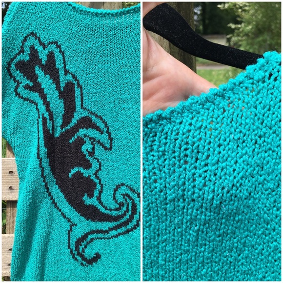 80’s Vintage Teal Sweater, Extra Long, Stretchy - Picture 4 of 6